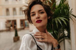 Woman with full lips after lip filler in Encino, CA